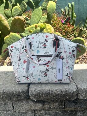 Disney White Minnie Mouse Print Satchel with Pink and Red Accents